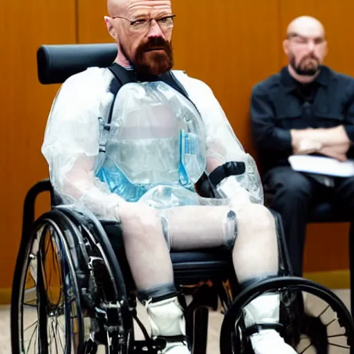 Image similar to walter white with a rough beard, wearing a clear plastic scuba rebreather, sitting in a wheelchair in a courtroom.