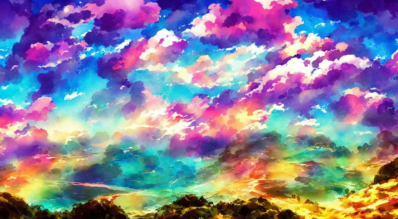 Prompt: A beautiful landscape with an ocean that blends with the sky wavelike clouds, rainbow flowing clouds flowing like smoke, vivid landscape, award-winning anime style, wallpaper, relaxing, bright, Watercolor expressionist, comic book style, manga style