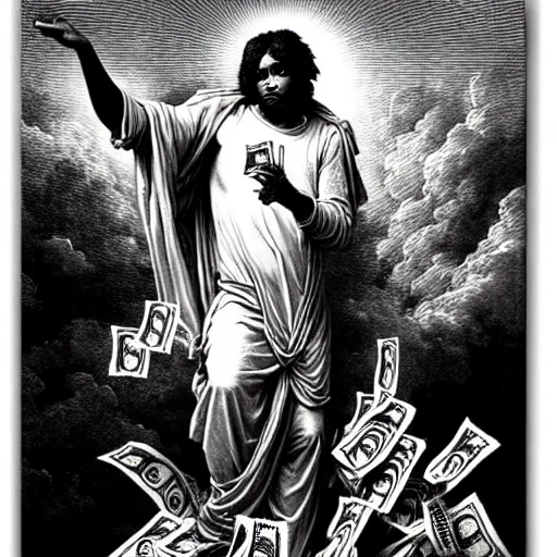 Image similar to lucki rapper ascending into heaven holding stacks of cash, biblical image, style of gustave dore, highly detailed, beautiful, high contrast, black and white