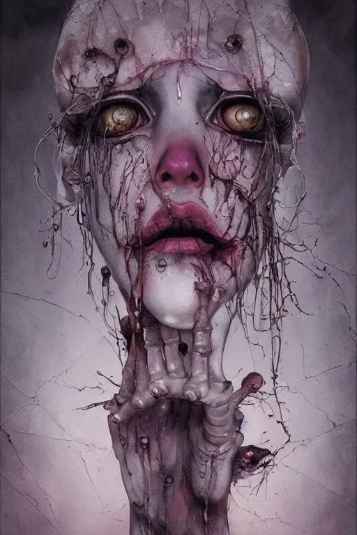 Image similar to watercolor cartoon grunge portrait of a creepy horror nurse girl . intricate abstract. intricate artwork. nightmare fuel. terrifying. by zdzisław Beksiński, wlop, dan mumford , trending on artstation, greg rutkowski very coherent symmetrical artwork. cinematic, hyper realism, high detail, octane render, 8k