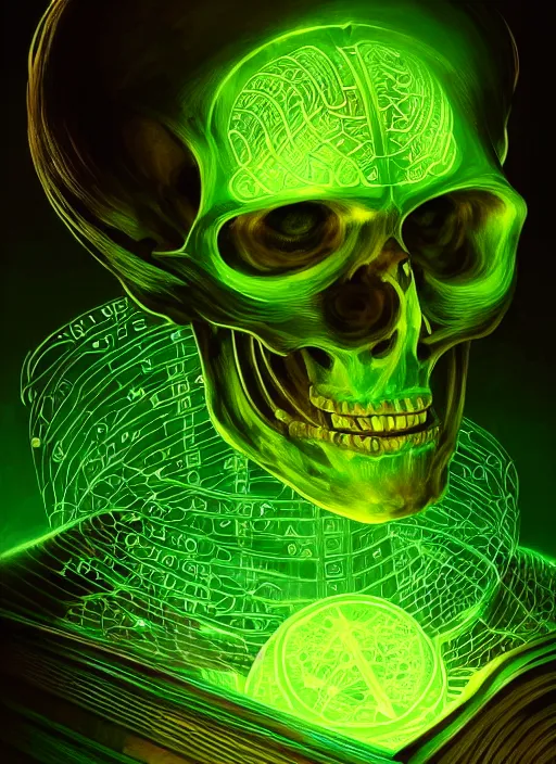 Prompt: portrait of a cyber skeleton, writing ancient runes with glowing green ink in a grand tome, intricate, elegant, glowing lights, highly detailed, digital painting, artstation, concept art, smooth, sharp focus, illustration, art by wlop, mars ravelo and greg rutkowski