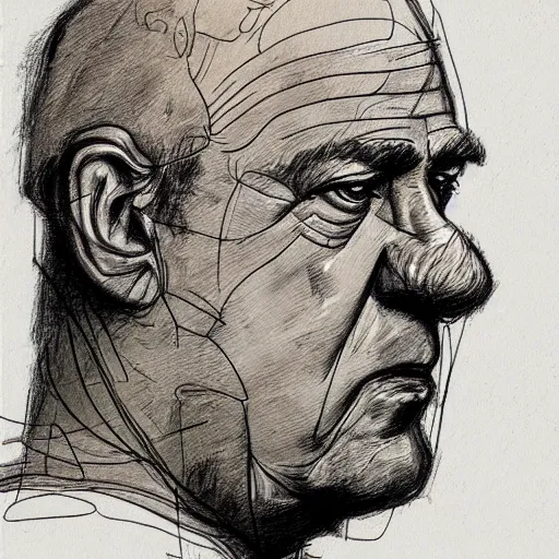 Image similar to a realistic yet scraggly portrait sketch of the side profile of a stern and sophisticated bill dauterive, trending on artstation, intricate details, in the style of frank auerbach, in the style of sergio aragones, in the style of martin ansin, in the style of david aja, in the style of mattias adolfsson