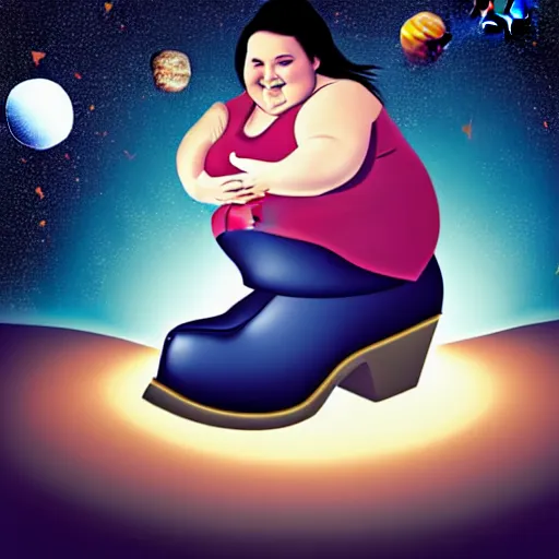 Prompt: fat woman with cowboy boots floating in space, photorrealistic