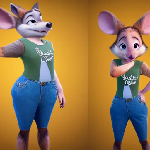 Image similar to 3 d render, portrait, mid shot, disney prince as a anthropomorphic mouse, female, blond fur, blue eyes, wearing denim short shorts, wearing a off yellow tank top shirt, solo, in the style of zootopia