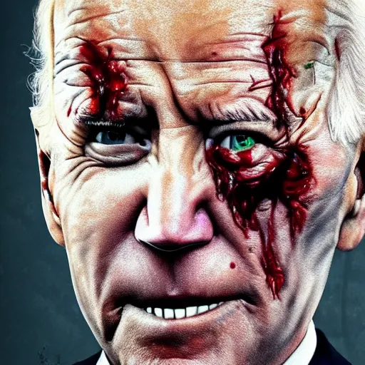 Image similar to joe biden as a rotting zombie, full body portrait, in a front of podeum, horror core, apocalyptic, feeling of grimdark, sharp focus, fiction, hyper detailed, digital art, trending in artstation, cinematic lighting, studio quality, smooth render, unreal engine 5 rendered, octane rendered, art style and nixeu and wlop and krenz cushart