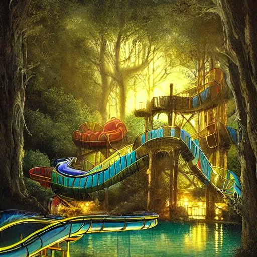 Prompt: waterpark in the woods with waterslides and lightning bugs painting by brain froud, charles vess, cinematic lighting, epic composition, highly detailed