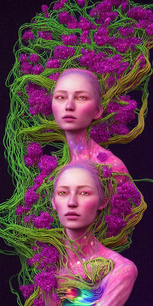 Prompt: hyper detailed 3d render like a Oil painting - portrait sculpt of Aurora (Singer) seen Eating of the Strangling network of yellowcake aerochrome and milky Fruit that covers her body and Her delicate Hands hold of gossamer polyp blossoms bring iridescent fungal flowers whose spores black the foolish stars by Jacek Yerka, Mariusz Lewandowski, Houdini algorithmic generative render, Abstract brush strokes, Masterpiece, Edward Hopper and James Gilleard, Zdzislaw Beksinski, Mark Ryden, Wolfgang Lettl, hints of Yayoi Kasuma, octane render, 8k