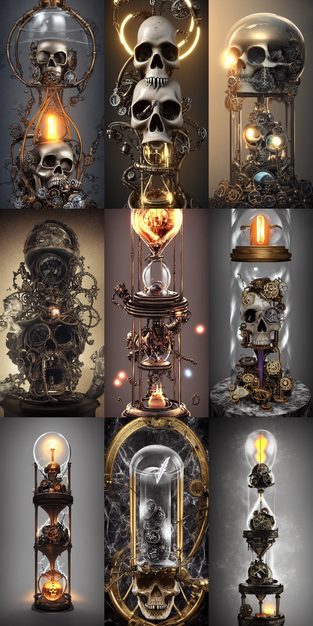 Prompt: steampunk skull inside a marble, hourglass, lightning, intricate detail, volumetric lighting, epic composition, hyper detailed, ultra realistic, sharp focus, octane render, candle, volumetric, ray tracing, artstation trending, cgsociety, sense of awe, swirling mist, 4 k