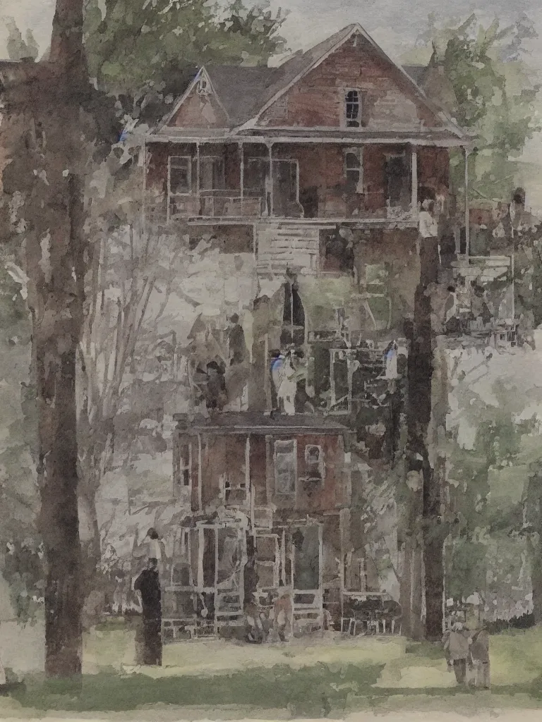 Prompt: people stand at the parsonage and observe the elevation of the structure, high detailed, art by jack butler, part by chris gwaltney dominic besner, gloomy colours