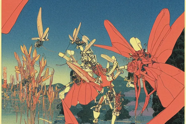 Image similar to gigantic dragonflies with human faces catch tiny robots, a lot of exotic mechas robots around, human heads everywhere, risograph by kawase hasui, dirtyrobot, edward hopper, satoshi kon and moebius, colorful flat surreal design, super - detailed, a lot of tiny details, fullshot