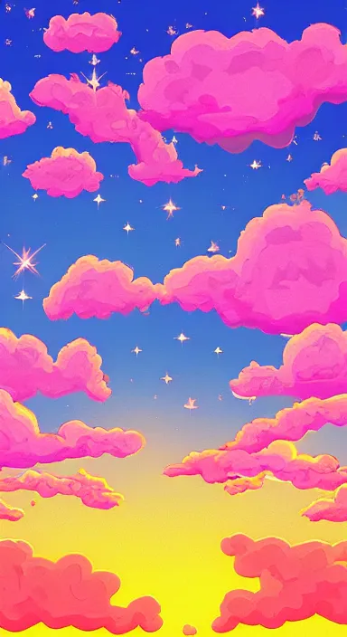 Prompt: pink clouds, under blue clouds, in space, background artwork, digital art, award winning, pixel art