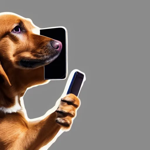 Image similar to A dog holding a phone, taking a selfie, selfie photography, photorealistic imagery, trending on artstation, 4k, 8k