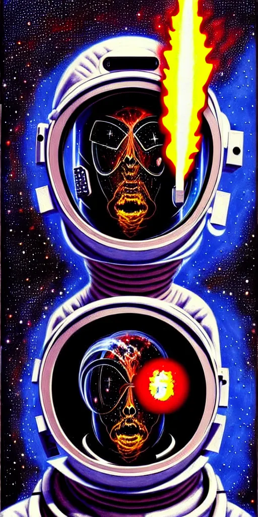 Prompt: sci-fi illustration, an extreme detailed painting with detailed textures of a headless astronaut with quantum fire pouring from his visor, disturbing cybergothic high image quality