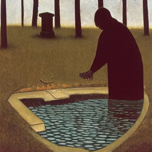 Image similar to by horace pippin, by serge marshennikov threatening. the computer art shows a grave that has been flooded with water. the grave is located in a cemetery in italy. the water in the grave is dirty & there is trash floating in it. the grave is surrounded by a fence.