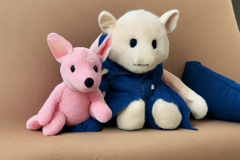 Image similar to a high quality 3 5 mm photo of a pink chubby stuffed animal kangaroo wearing a dark blue shirt, sitting on a couch, an ultrafine detailed photo, trending on artstation, sharp focus, baby toy