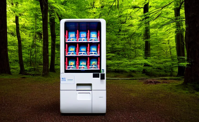 Image similar to photograph of Japanese vending machine in the middle of a forest, one point perspective, 1-point perspective, tilt shift, sigma 85mm f/1.4, 4k, depth of field, high resolution, 4k, 8k, hd, full color