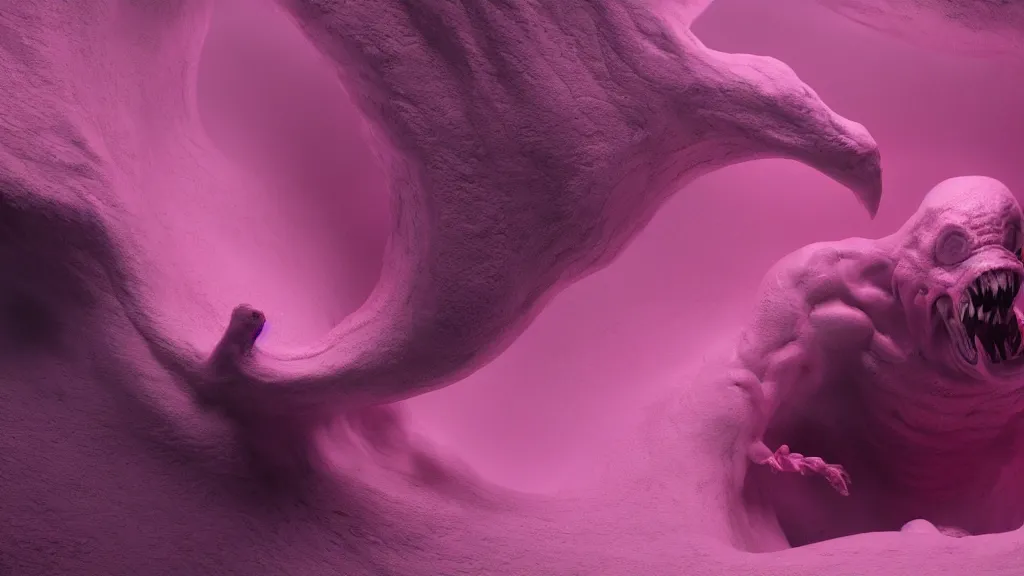 Image similar to a creature silhouette in a large vat of pink liquid, photorealistic, octane render 8 k uhd