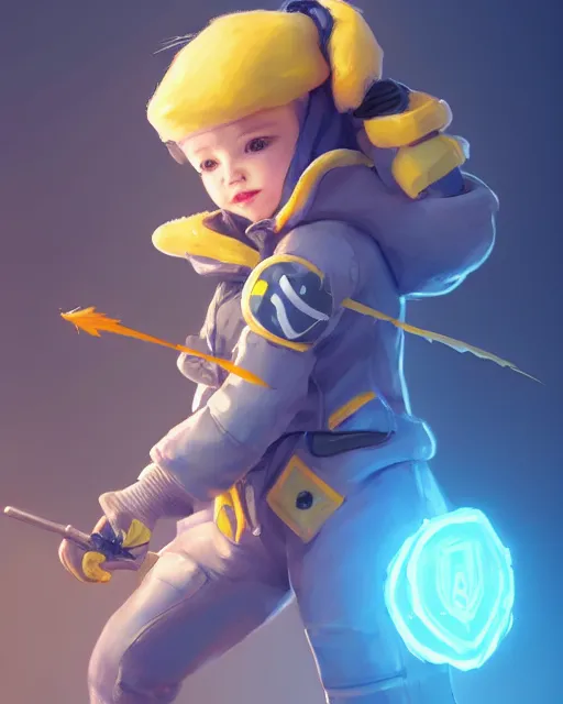 Image similar to a tiny combat kid wearing a puffy yellow jacket and a wizard wand, smooth, intricate, elegant, digital painting, artstation, concept art, sharp focus, octane render, illustration, art by ayami kojima, overwatch character,