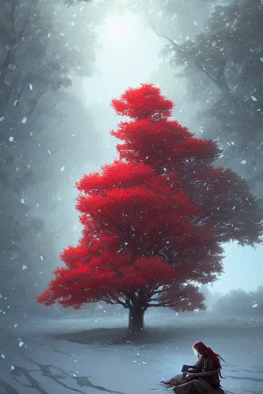 Image similar to giant tree in snow with red flowers, leaves falling, warrior sitting under the tree, unreal engine, fantasy art by greg rutkowski, loish, rhads, ferdinand knab, makoto shinkai and lois van baarle, ilya kuvshinov, rossdraws, tom bagshaw, global illumination, radiant light, detailed and intricate environment