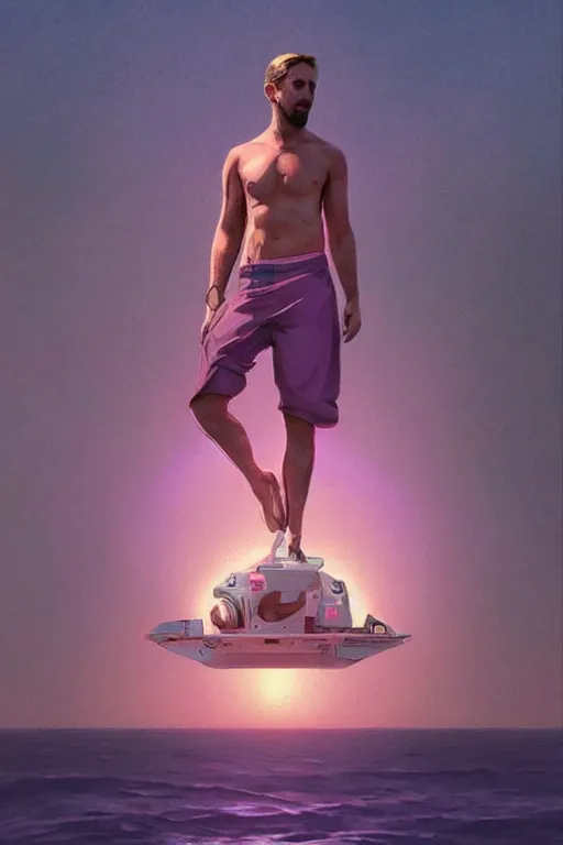 Image similar to ryan gosling robotic clothes in the beach purple sun, pink lighting ultra realistic photorealistic highly detailed high quality, a stunningly, digital painting, artstation, concept art, smooth, sharp focus, illustration, art by artgerm and greg rutkowski and alphonse mucha 8 k