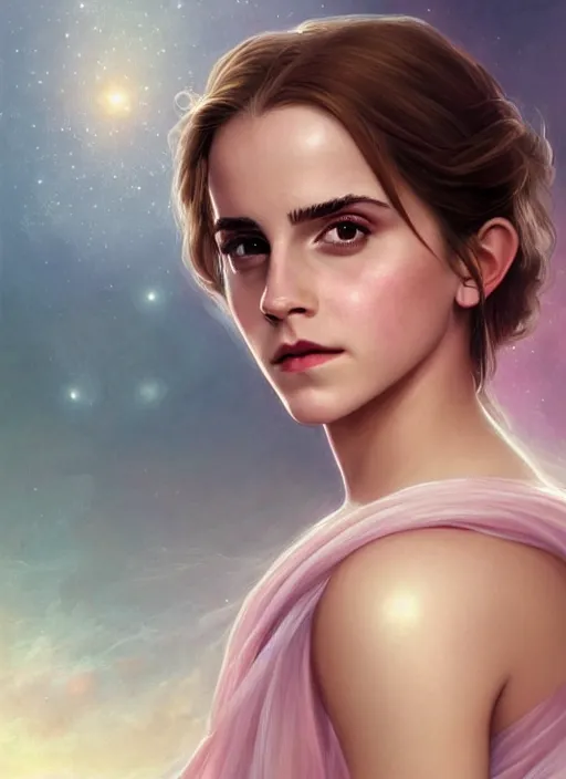 Image similar to emma watson as nature magic celestial, bottom up pose, long hair, soft pink and white transparent cloth, space, D&D, shiny background, intricate, elegant, highly detailed, digital painting, artstation, concept art, smooth, sharp focus, illustration, artgerm, bouguereau