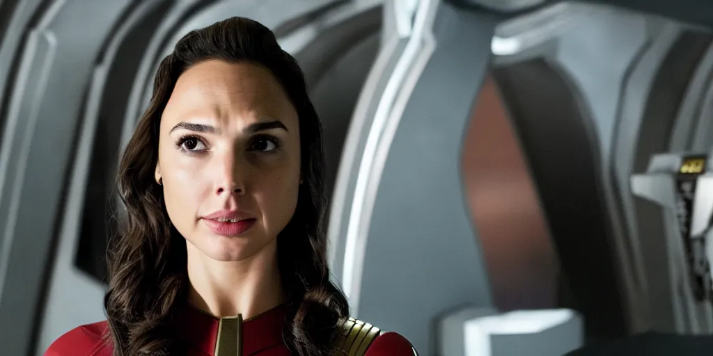 Image similar to Gal Gadot, in full starfleet uniform, is the captain of the starship Enterprise in the new Star Trek movie