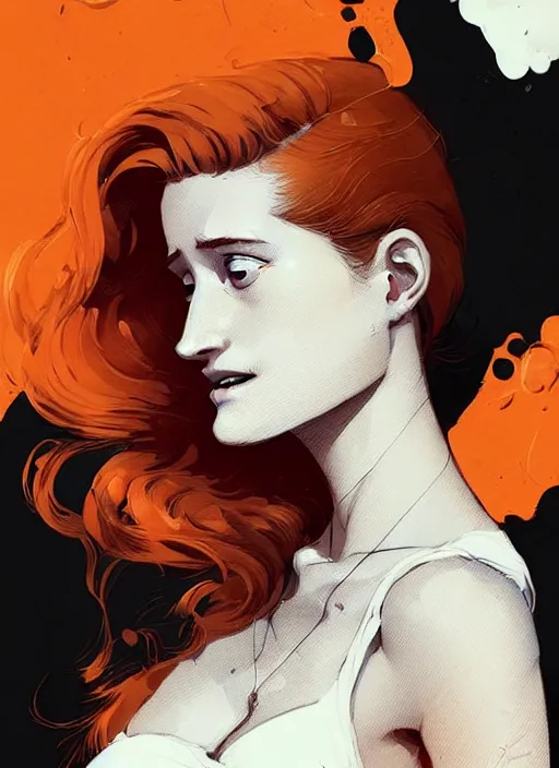 Image similar to highly detailed closeup portrait of beautiful moody grace gummer as dom dipierro, wavy ginger hair, by atey ghailan, by greg rutkowski, by greg tocchini, by james gilleard, by joe fenton, by kaethe butcher, gradient orange, black and white color scheme, grunge aesthetic!!! ( ( graffiti tag wall background ) )