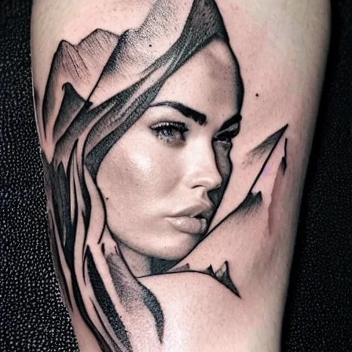 Image similar to megan fox as beautiful mountains, double exposure effect, medium sized tattoo sketch, amazing detail, on pinterest