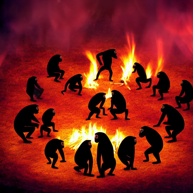 Image similar to real life 1 2 chimpanzees dancing in circle, bonfire in center, a jungle, cinematic, volumetric lighting, vivid colours, long evil shadows, f 8 aperture, cinematic eastman 5 3 8 4 film, photorealistic