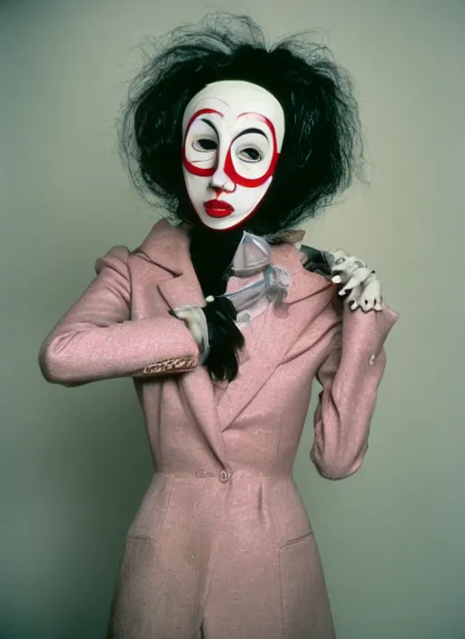 Image similar to a fashion portrait photograph of a woman wearing a plastic mask designed by tim burton, 3 5 mm, color film camera, pentax