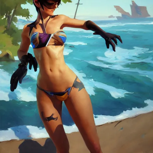 Image similar to greg manchess splash art painting of overwatch's tracer in a bikini, league of legends art, medium shot, asymmetrical, organic painting, sunny day, matte painting, bold shapes, hard edges, street art, trending on artstation, by huang guangjian and gil elvgren and sachin teng