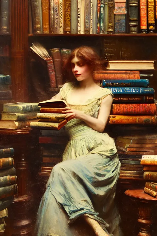 Prompt: soft colorsphotograph imax and solomon joseph solomon and richard schmid and jeremy lipking victorian loose genre loose painting book shop interior full of books disney
