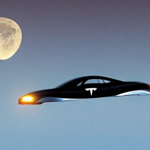 Prompt: tesla 8 5 p flying in the moon