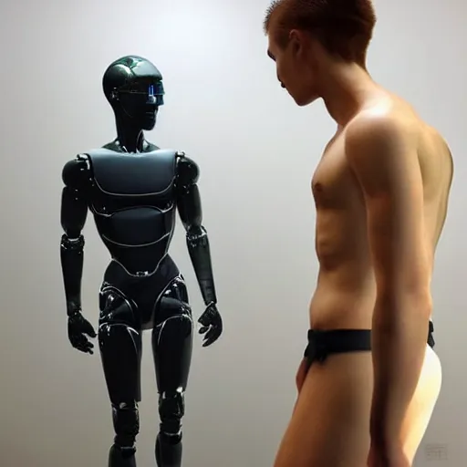 Image similar to “a realistic detailed photo of a guy who is an attractive humanoid who is half robot and half humanoid, who is a male android, twitch streamer Ludwig, shiny skin, posing like a statue, blank stare”