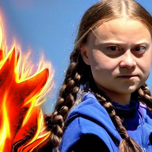 Image similar to Greta Thunberg becoming super Saiyan 4 over a flaming garbage and tire mountain 8k