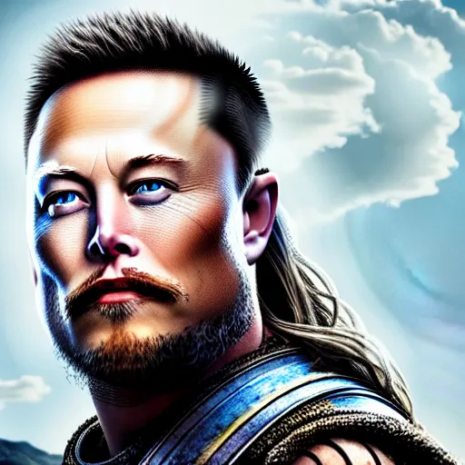 Image similar to elon musk as ragnar lothbrok in viking still from tv - series portrait tattooed face blue eyes close up looking in camera