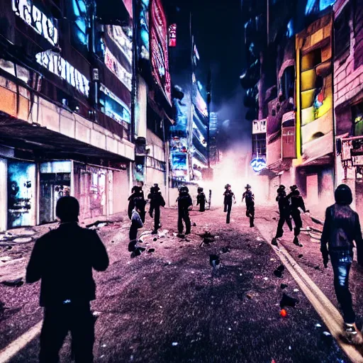 Image similar to photograph of a riot in a cyberpunk city street, first person view