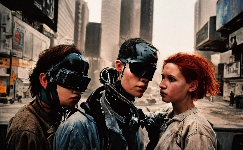 Image similar to cinestill 5 0 d photographic portrait by helen levitt of a white and mixed female android adult couple wearing rugged black techwear in a brilliant cyberpunk city, extreme closeup, modern cyberpunk, dust storm, 8 k, hd, high resolution, 3 5 mm, f / 3 2, ultra realistic faces, intricate detail, ex machina