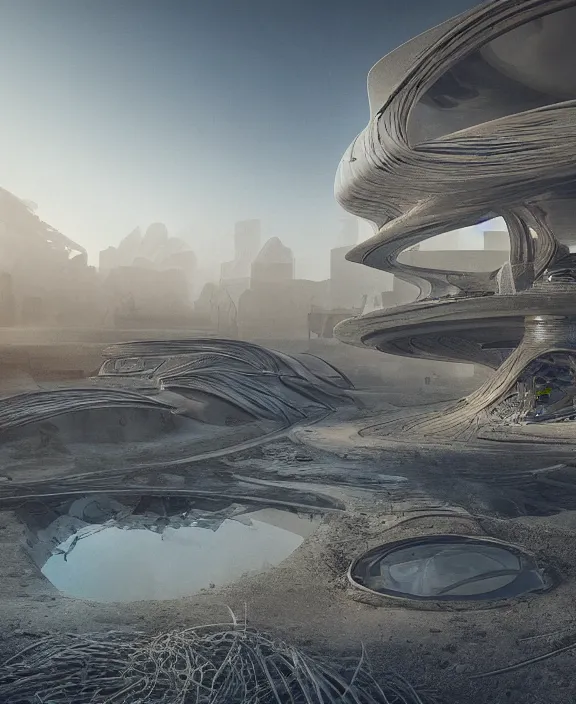 Image similar to surreal futuristic high tech bioremediation architecture in the desert, foggy, highly detailed, digital painting, arstation, concept art, hyperealistic octane render, unreal engine,