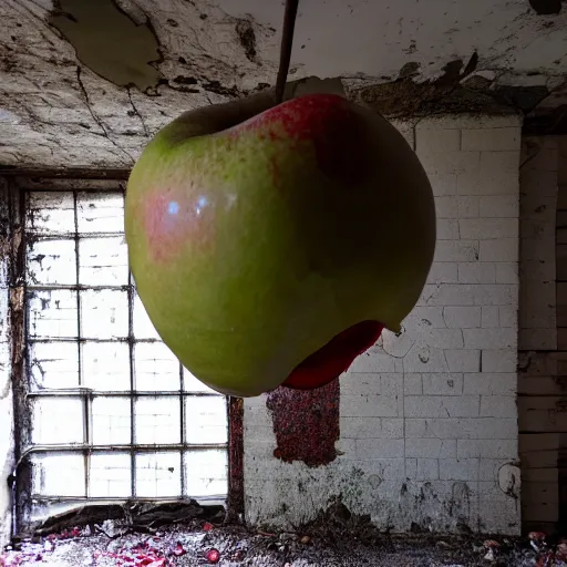 Image similar to a giant rotten apple floating in an abandoned room