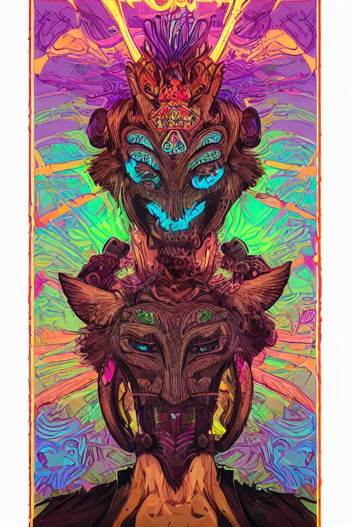 Image similar to animal mask totem roots flower tribal feather gemstone plant wood rock shaman vodoo video game vector cutout illustration vivid multicolor borderlands comics by josan gonzales and dan mumford radiating a glowing aura