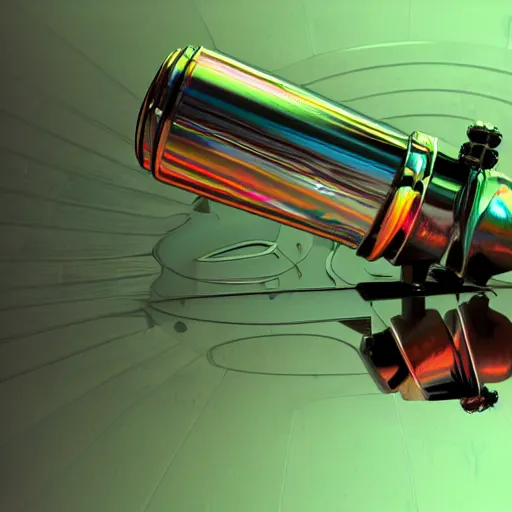 Image similar to unstable exotic matter powered raygun, well defined mechanical features, triadic chrome shading, iridescent liquid energy tank, dark background, softglow, vintage style