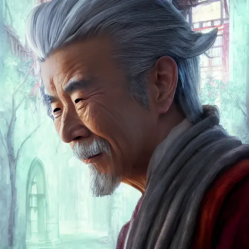 Image similar to portrait painting of a 6 0 year old kind handsome taoist priest, like zun long, silver ponytail hair, amiable by wenjun lin, irakli nadar, bright colors, octopath traveler, wenjun lin, unreal engine 5 highly rendered, global illumination, radiant light, detailed and intricate environment