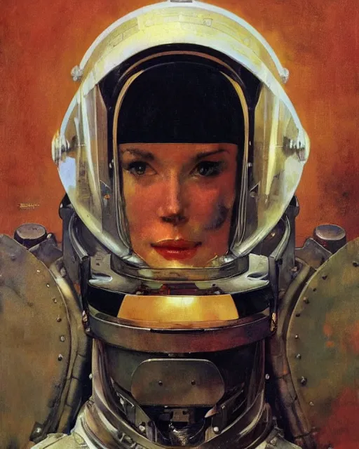 Image similar to head portrait of elegant striking mature space woman in armoured spacesuit, dynamic, by norman rockwell, roberto ferri, daniel gerhartz, edd cartier, jack kirby, howard v brown, ruan jia, tom lovell, frank r paul, dean cornwell, astounding stories, amazing, fantasy, other worlds