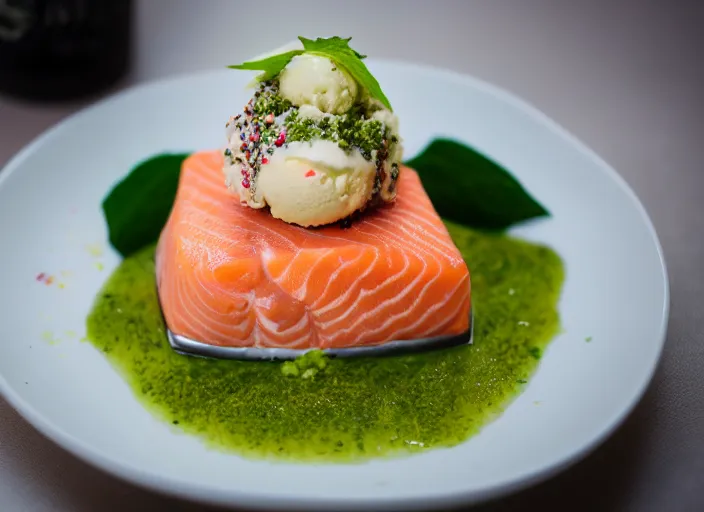 Image similar to dslr food photograph of salmon and wasabi ice cream sundae with salmon roe and wasabi drizzle, 8 5 mm f 1. 8