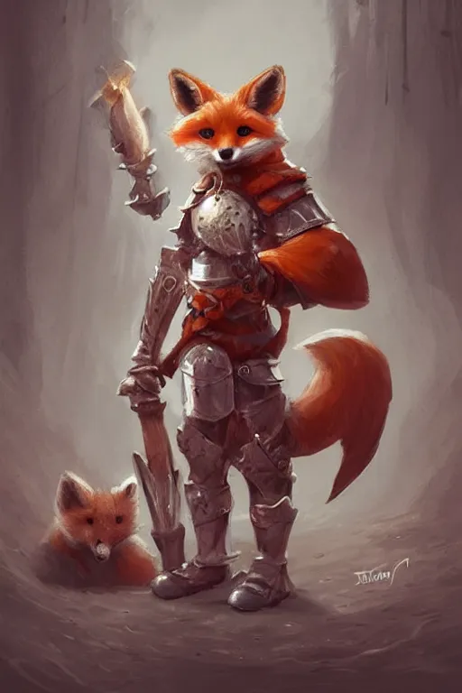 Image similar to cute little anthropomorphic foxy knight wearing a cape and a crown, tiny, small, miniature fox, baby animal, short, pale blue armor, cute and adorable, pretty, beautiful, DnD character art portrait, matte fantasy painting, DeviantArt Artstation, by Jason Felix by Steve Argyle by Tyler Jacobson by Peter Mohrbacher, cinematic lighting