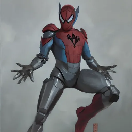 Image similar to greg manchess portrait painting of armored spiderman ultraman grey fox from metal gear cyborg gay japanese - american hybrid as overwatch character, medium shot, asymmetrical, profile picture, organic painting, sunny day, matte painting, bold shapes, hard edges, street art, trending on artstation, by huang guangjian and ail elvgren and sachin teng