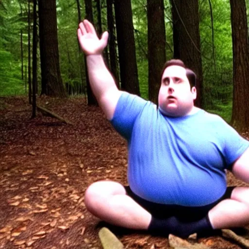 Image similar to chubby Michael Scott meditate in the Forest