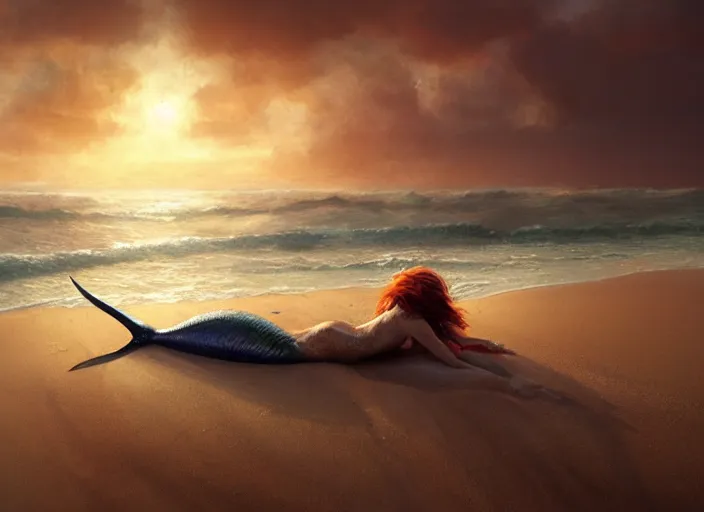 Prompt: a mermaid lying on the shore of a golden sand beach alone around volumetric lighting, digital painting, highly detailed, artstation, sharp focus, illustration, concept art, ruan jia, steve mccurry, amazing composition