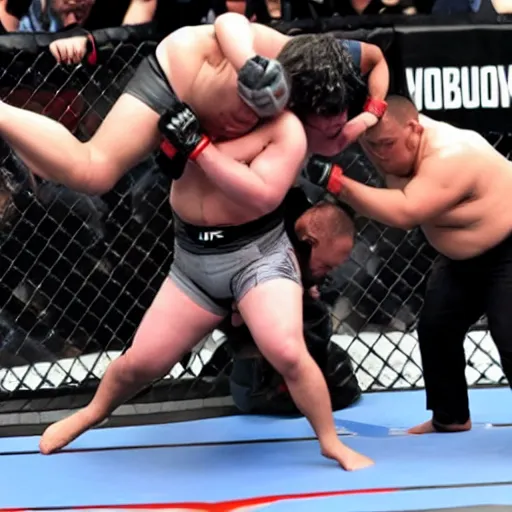 Prompt: robocop sumo wrestler getting body slammed in the ufc octagon